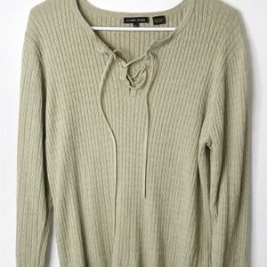 Jeanne Pierre Sage Green Ribbed Lace-Up Knit Sweater | XL | 100% Cotton